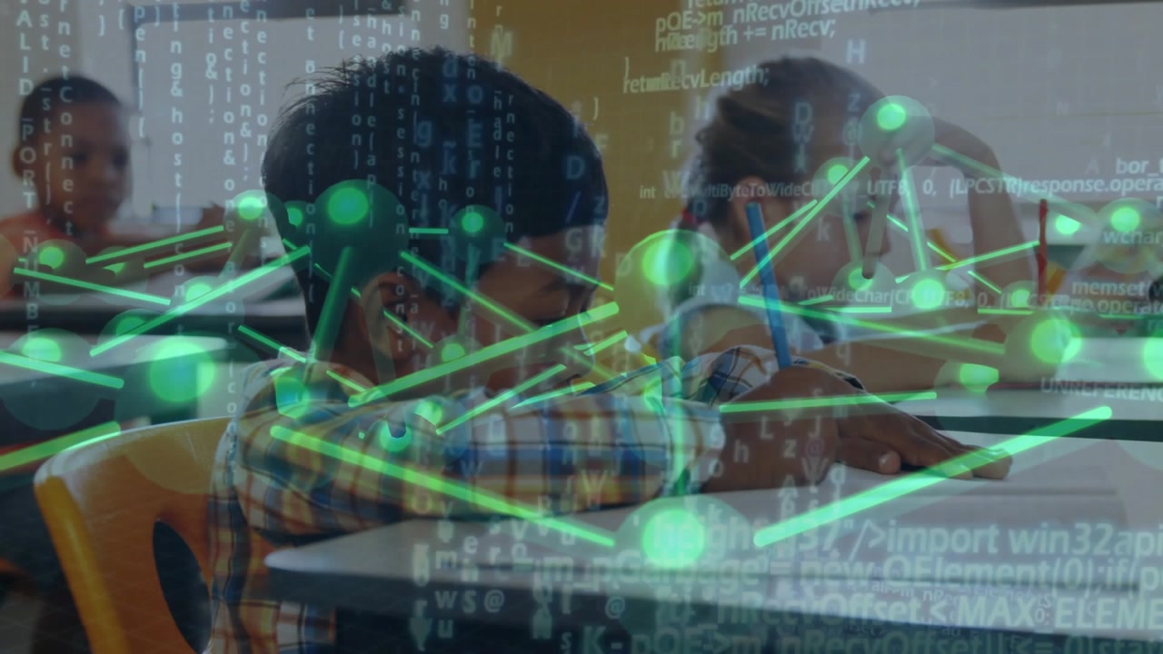 Boy tapping tablet screen and girl moving stylus initiating network overlay for school lesson