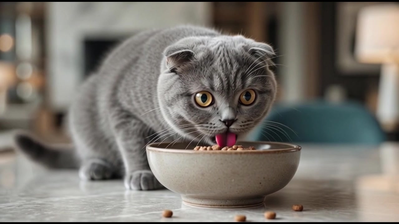 Scottish Fold Katze frisst Trockenfutter aus einem Napf