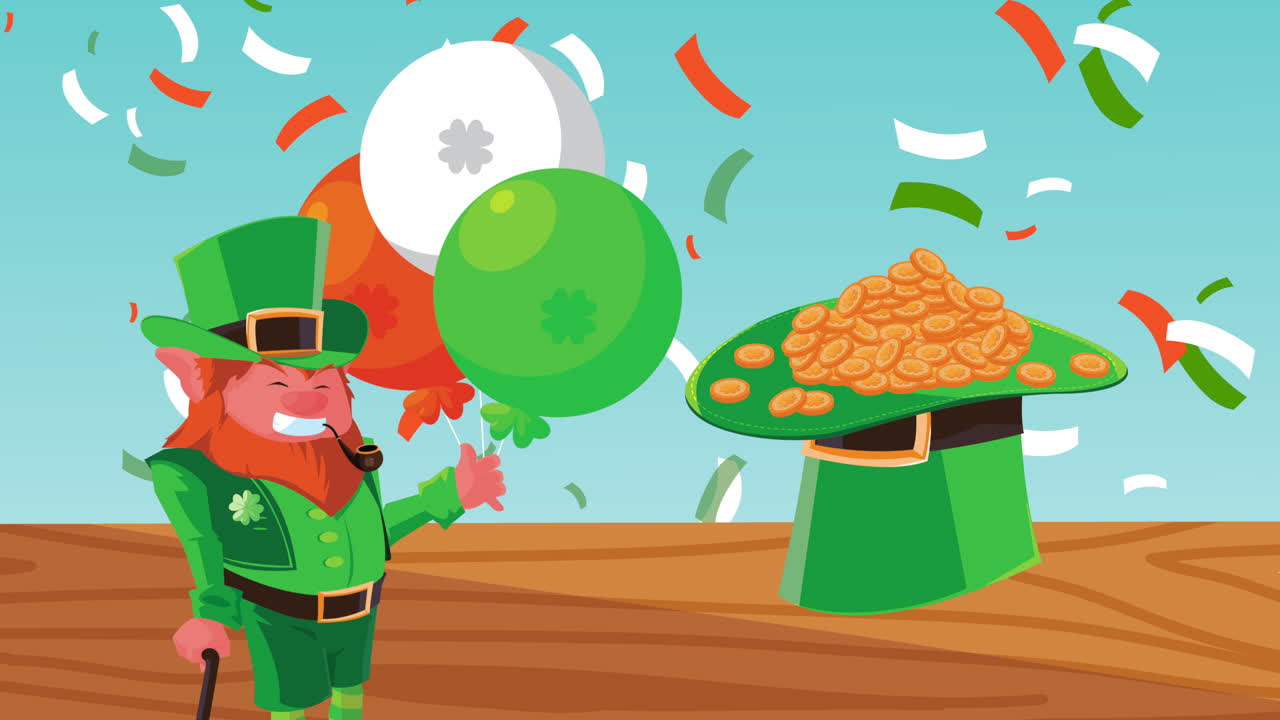 feliz día de san patricio animación con leprechaun y monedas en tophat