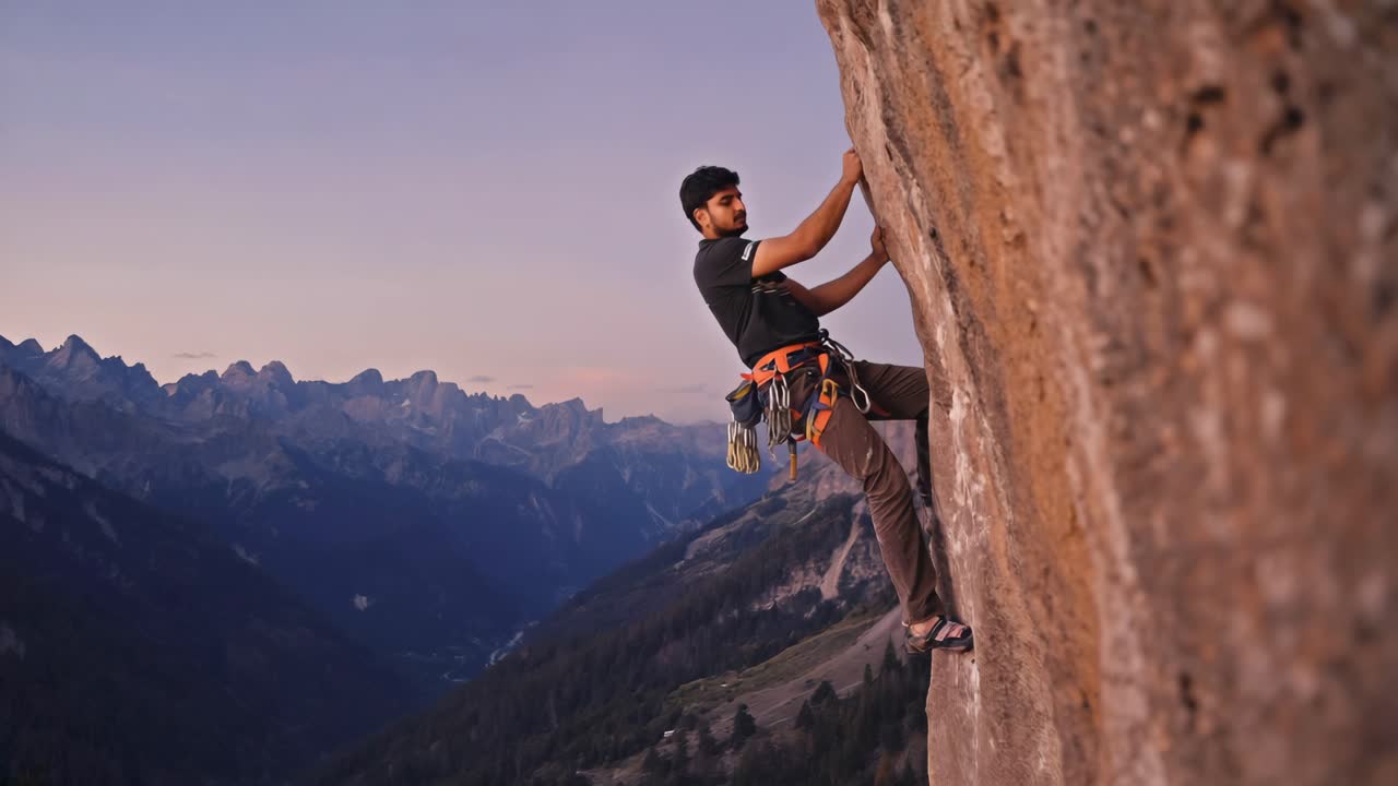Rock Climber Ascending a Cliff Face with Mountain Backdrop