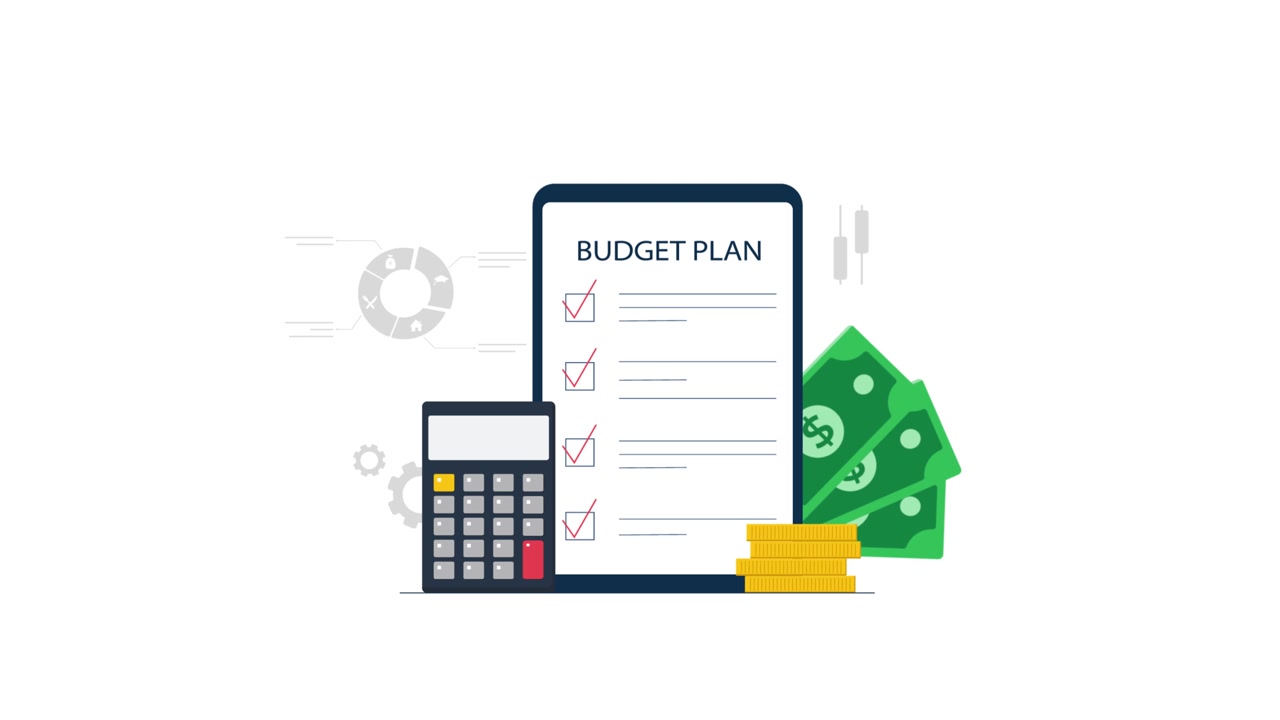 Checklist animata per la pianificazione del budget con calcolatrice e denaro