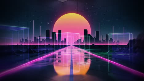 retro-futuristic cityscape with neon glow and sunset