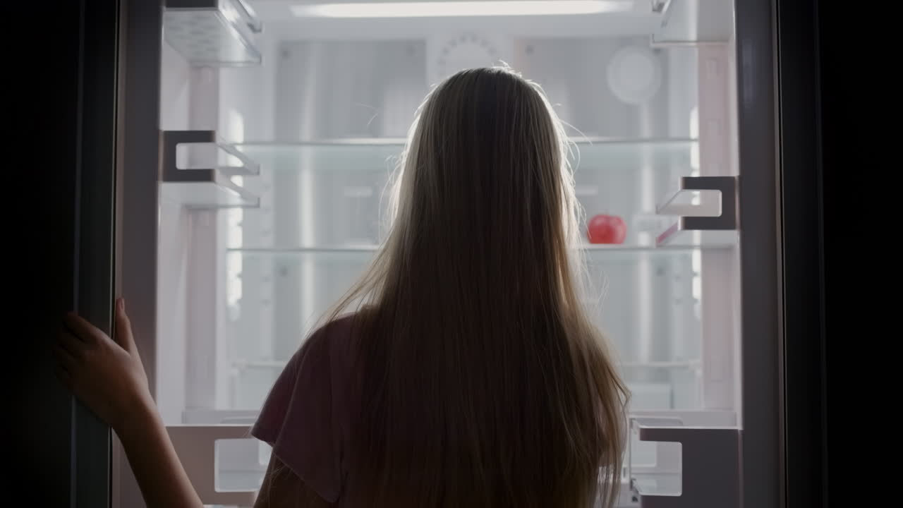 una niña mira en un refrigerador vacío donde se encuentra una manzana roja. dieta y concepto de pérdida de peso