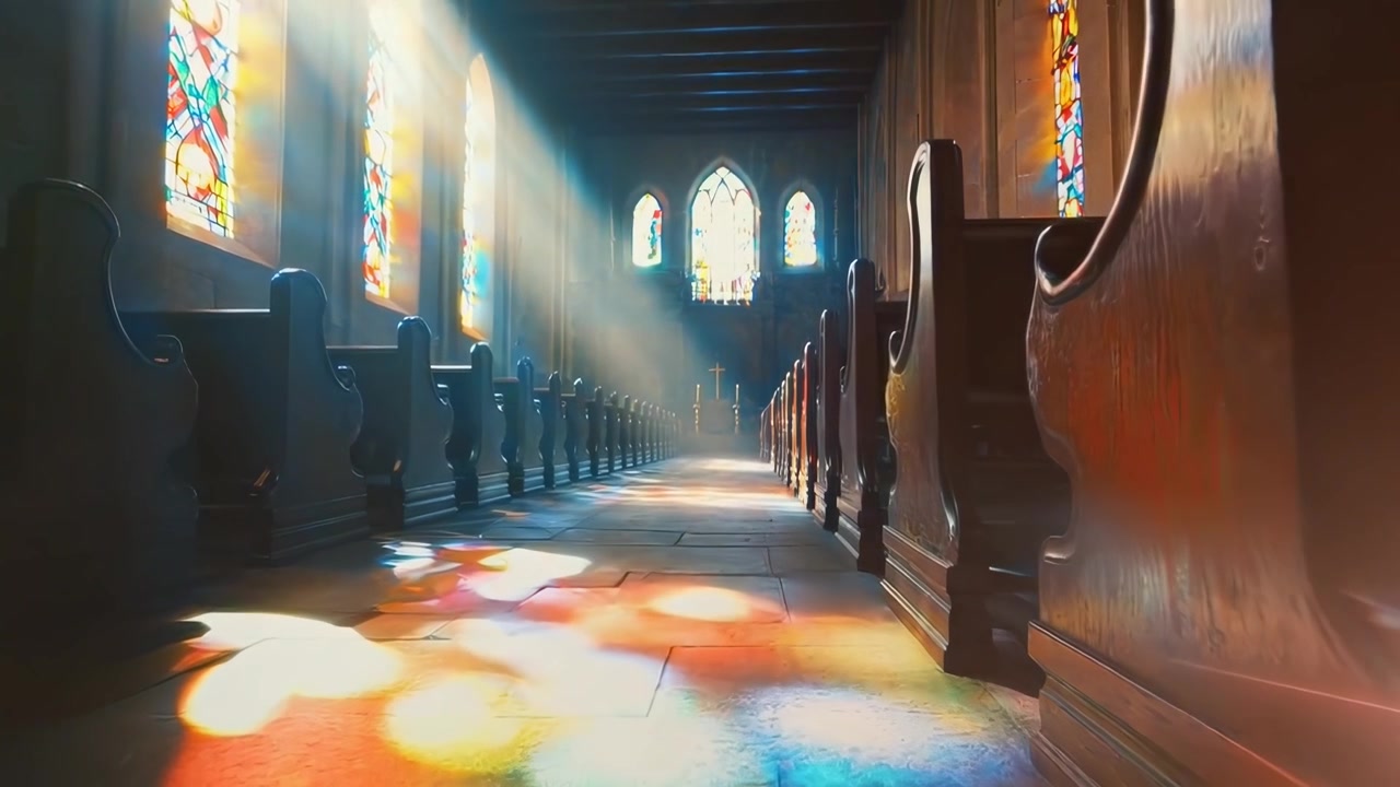 Sonnenlicht strömt durch Buntglasfenster in einer Kirche