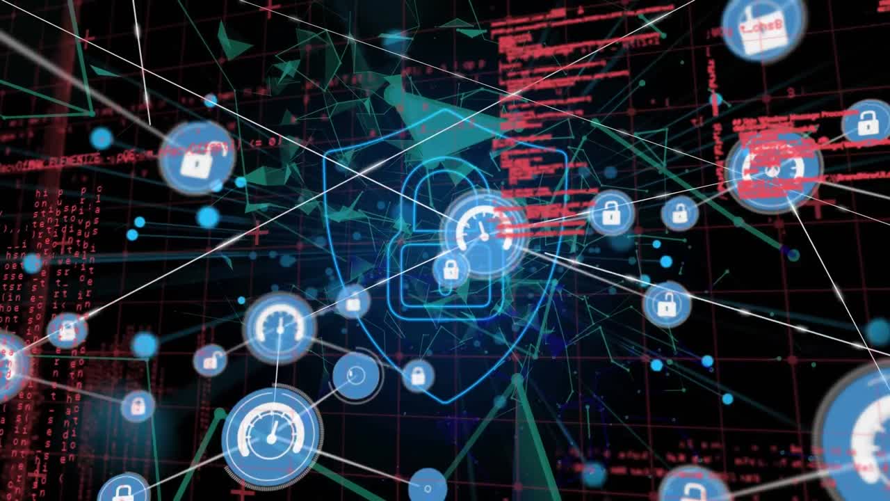 animación del procesamiento de datos e íconos sobre candado y fondo negro
