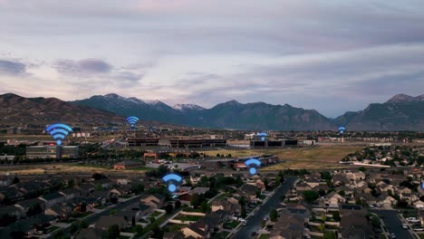 WiFi hot spots and digital wireless routers, connections, and signals animation over suburban America - aerial hyper lapse