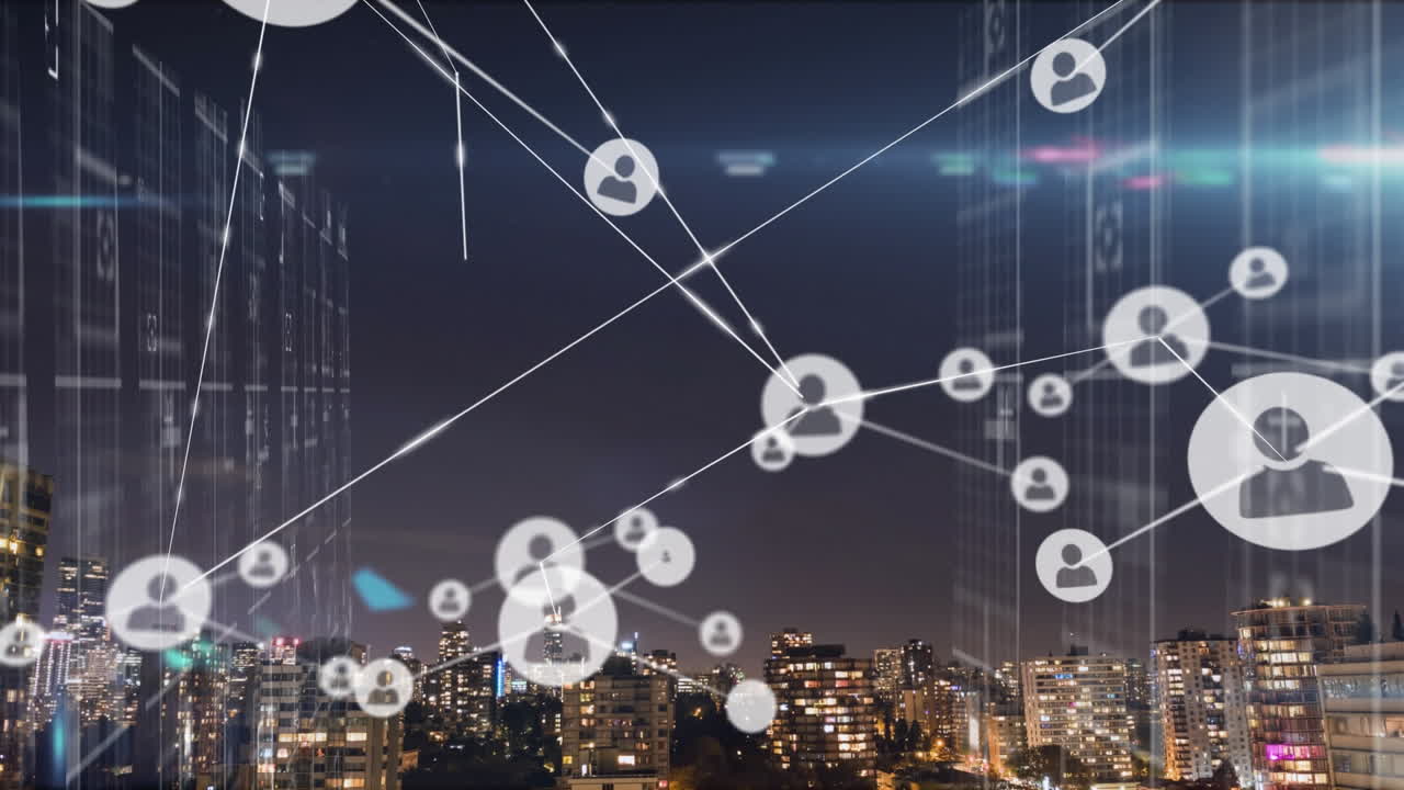 도시 풍경 위의 아이콘으로 연결된 네트워크의 애니메이션