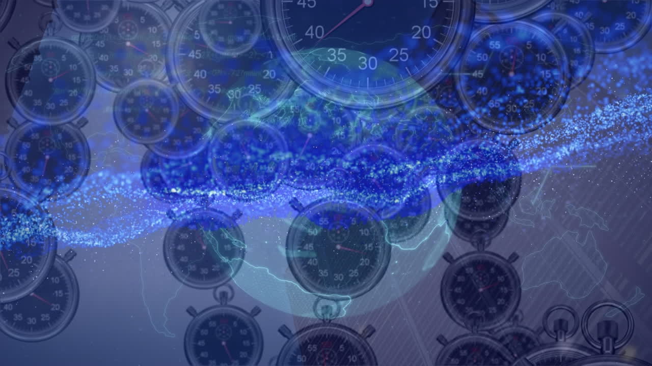 animación del globo y el brillo sobre los relojes flotantes