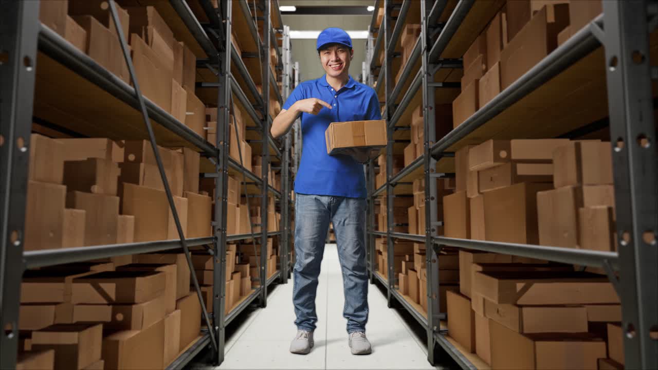 cuerpo lleno de mensajero masculino asiático en uniforme azul sonriendo y señalando a un cartón en la mano mientras lo entrega en el almacén