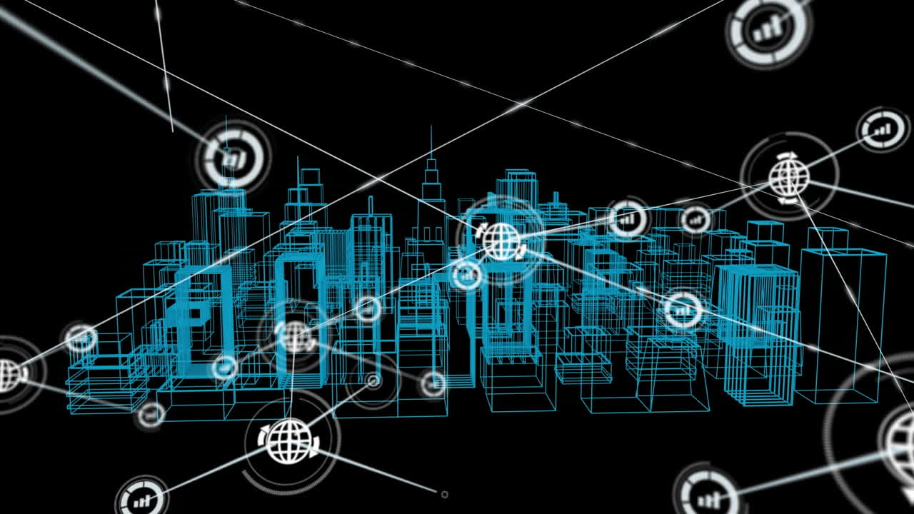 animación de la red de conexiones con iconos sobre el dibujo de la ciudad en 3d