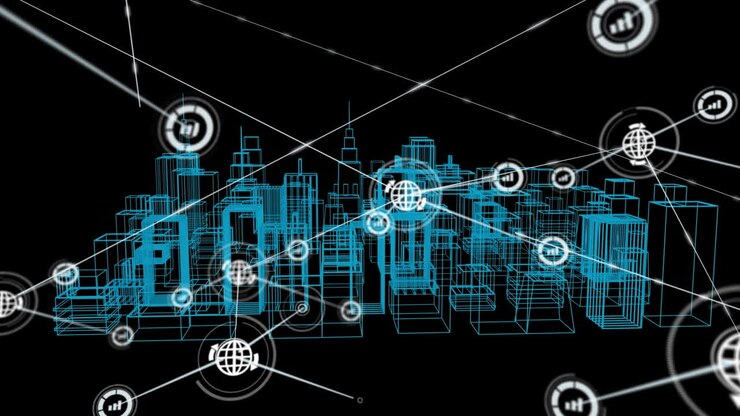 Animazione di rete di connessioni con icone su disegno di città 3D