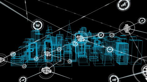 animación de la red de conexiones con iconos sobre el dibujo de la ciudad en 3d