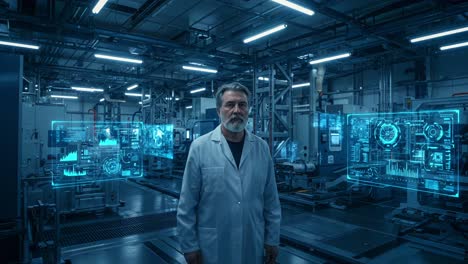 a scientist in a high-tech laboratory surrounded by futuristic data displays and advanced machinery, showcasing the intersection of technology and research