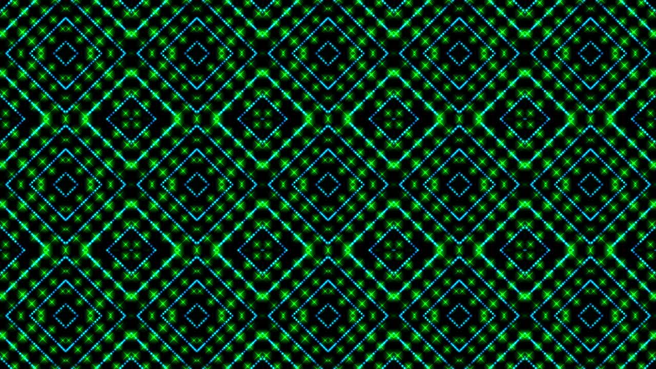 ilustración animada luz brillando puntos verdes y azules y estrellas formas cuadradas.