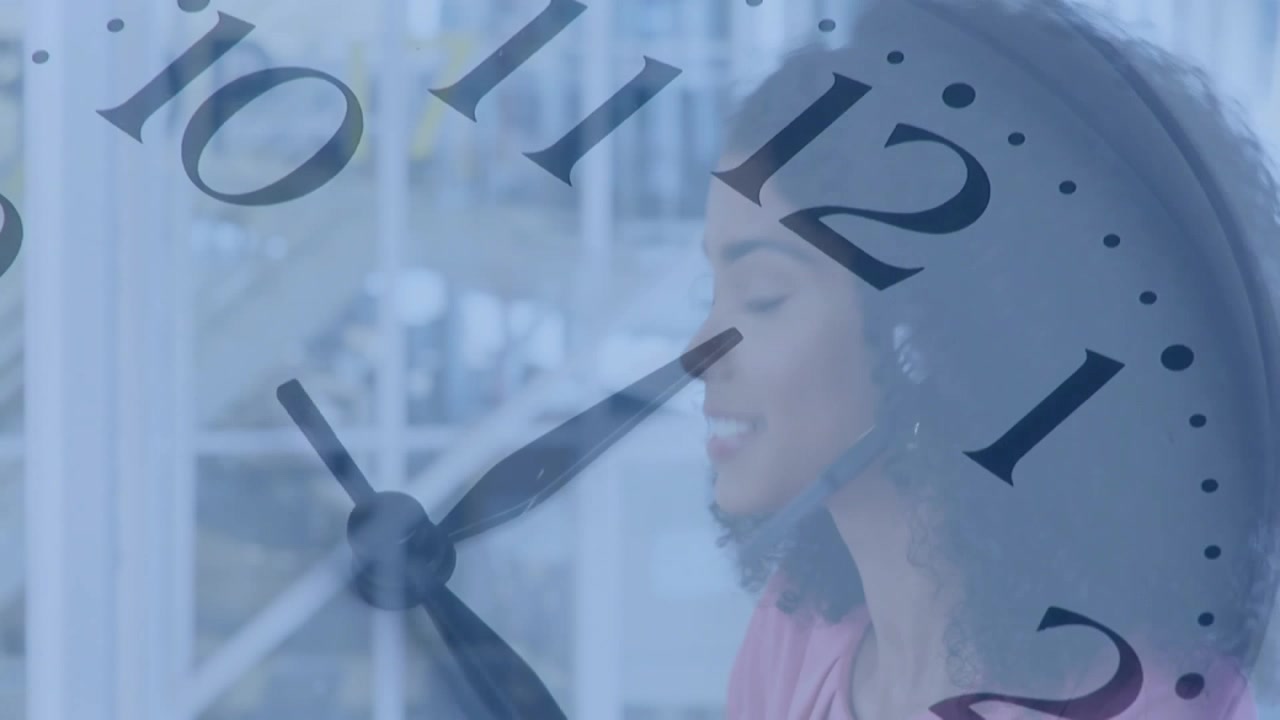 Customer Service Representative Talking on Headset with Clock Overlay