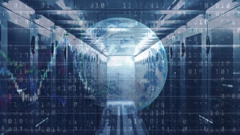 animation of financial data processing and globe over computer servers