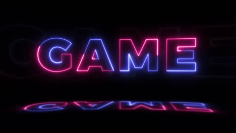 neón brillante palabra 'juego' en un fondo negro con reflejos en un piso. signos de brillo de neón en gráfico de movimiento de bucle sin costuras