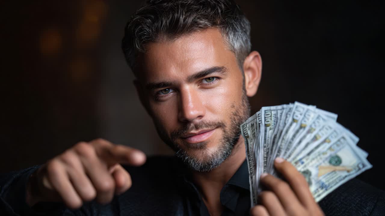 Uomo sicuro di sé che tiene in mano dei contanti, punta la fotocamera con un sorriso carismatico in un'illuminazione drammatica, trasudando ricchezza e successo, coinvolgendo lo spettatore con la sua presenza