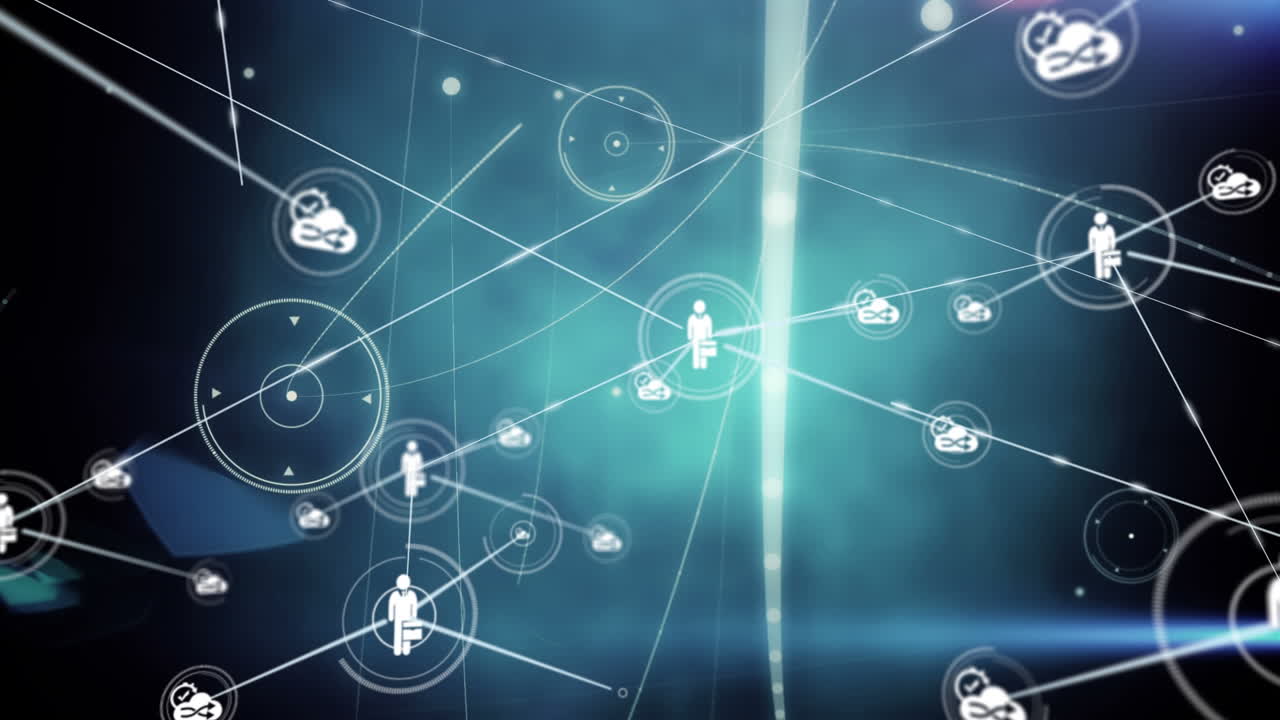 animación de la red de conexiones con iconos en fondo negro y azul