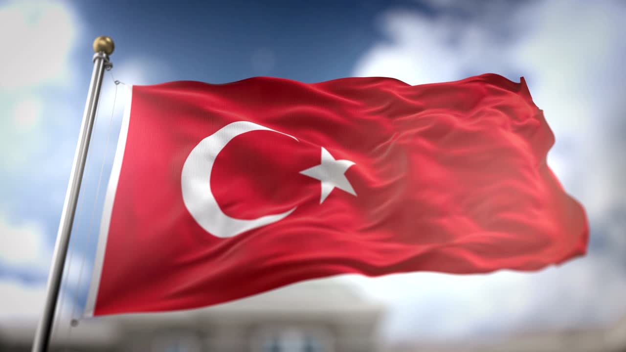 Turkey Flag Waving Slow Motion 3D Rendering Blue Sky Background - Seamless Loop 4K