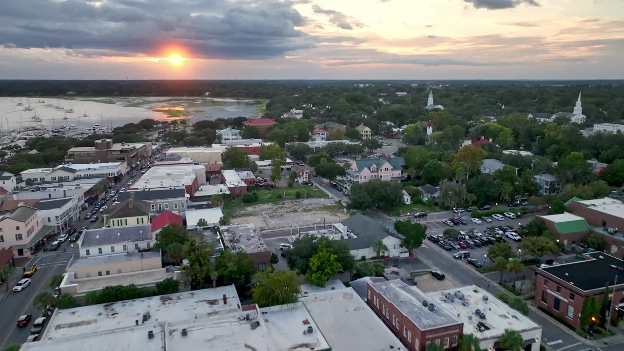 Aerial View of Charming Coastal Town at Sunset