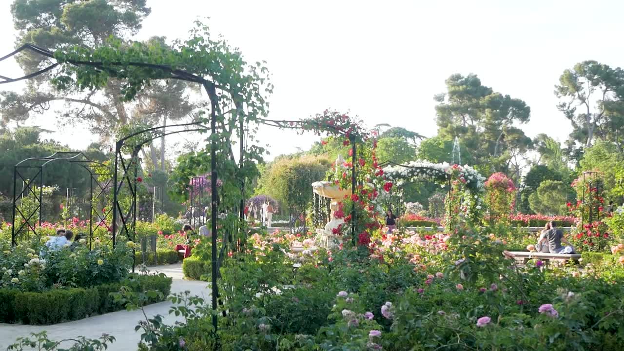 Two people walking through gates covered by flowers in La Rosaleda. Beautiful garden scene with blooming flowers.
