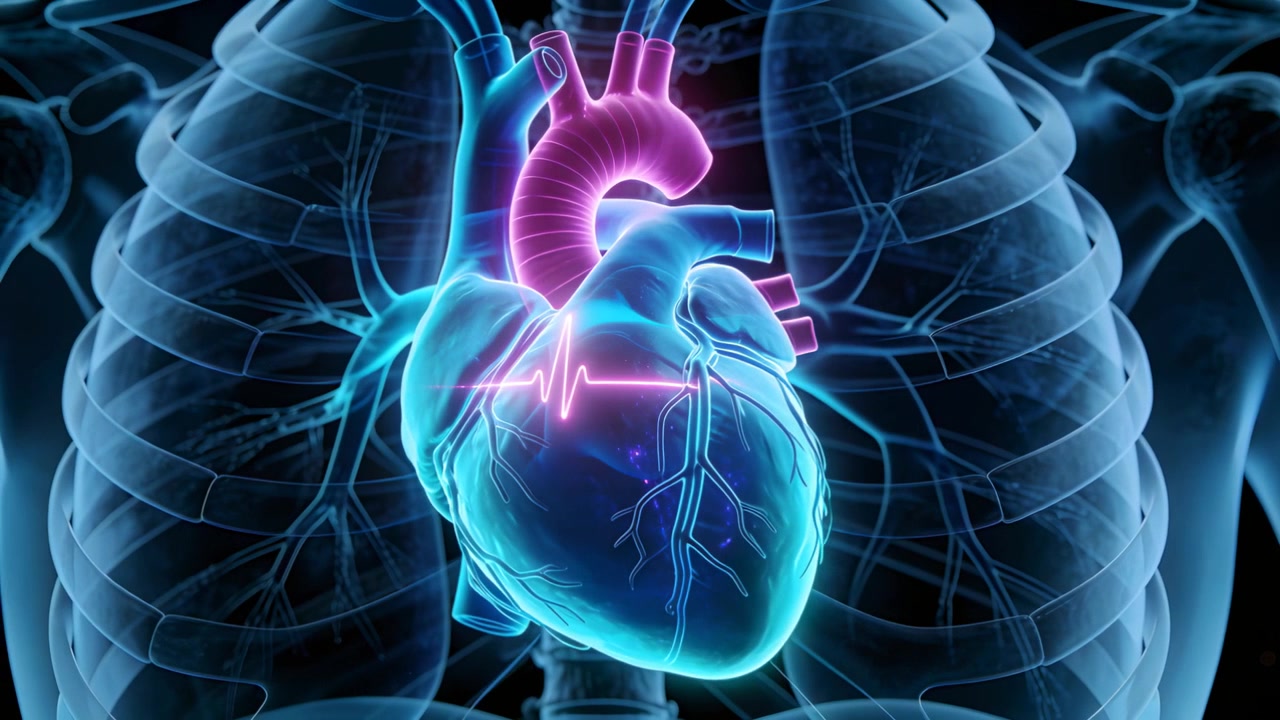 Forma d'onda EKG che si propaga, avviando il battito cardiaco nel petto, con l'aorta magenta che mostra il ritmo elettrico.