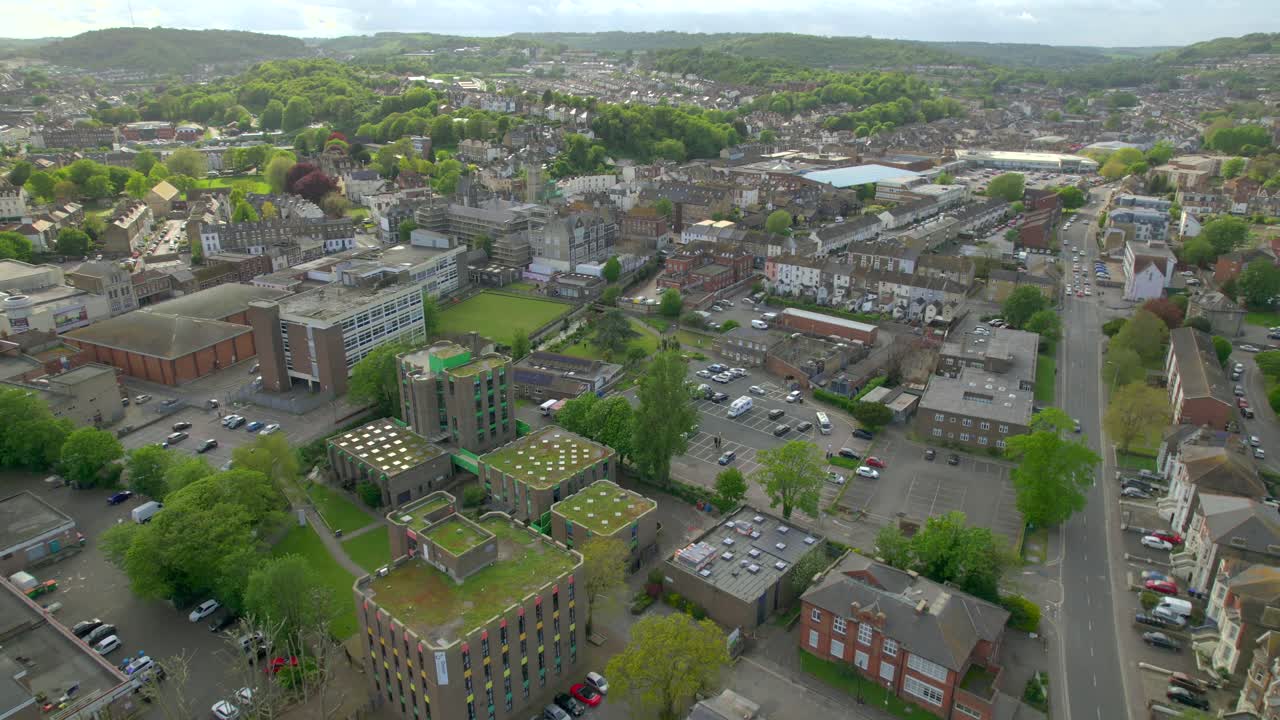 Aerial View of a European Town with Residential Areas and Green-Roofed Buildings