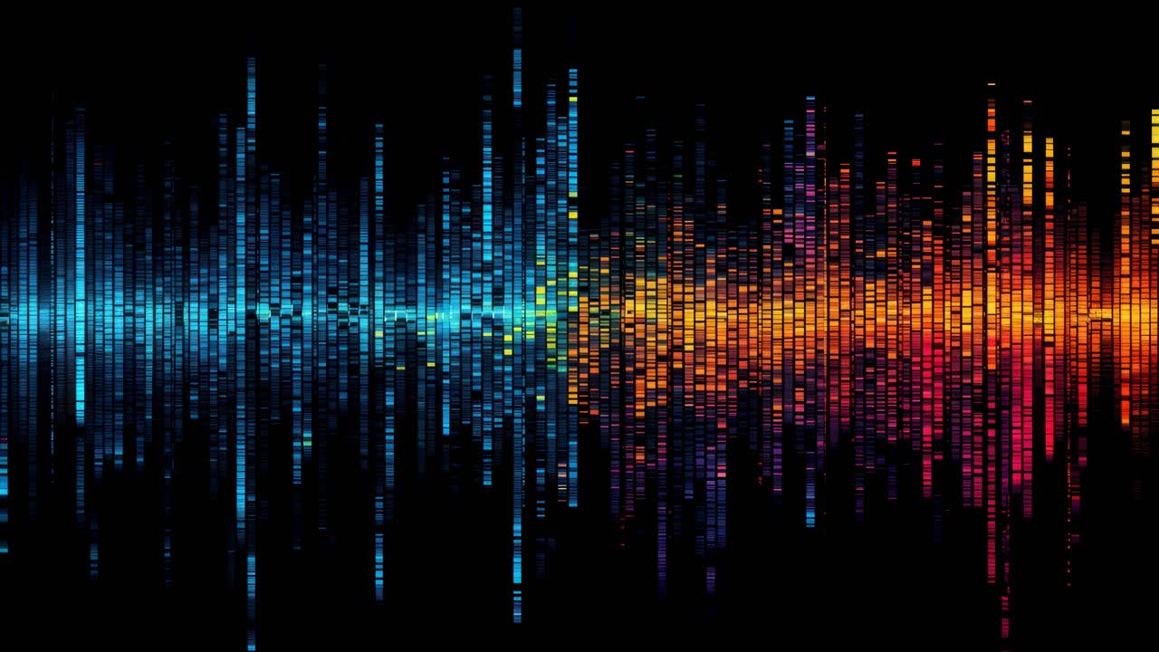 Vibrant digital soundwave in a horizontal layout, viewed from a straight angle