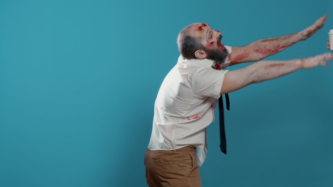 Mindless brain-eating zombie trying to get cup of coffee on blue background