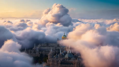 ethereal city above the clouds at golden hour