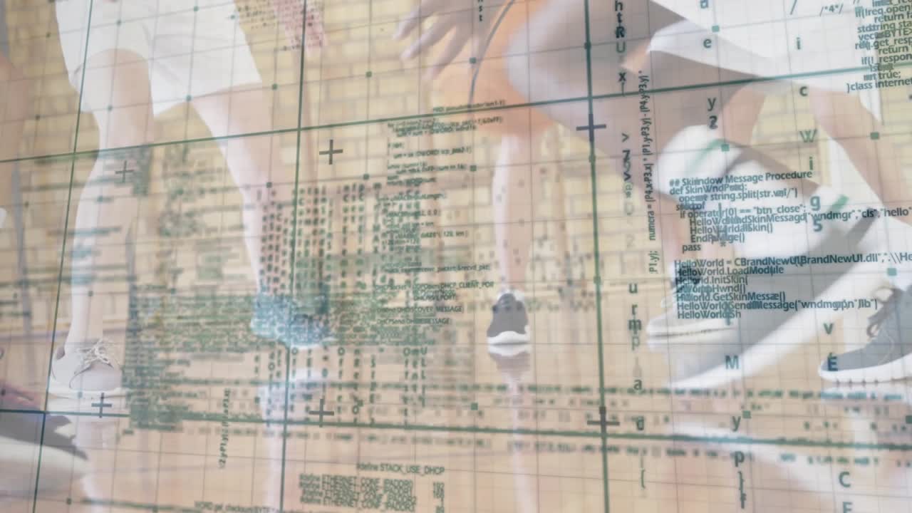 Teen boy and teammates starting basketball training, ball appearing, dribbling, grid overlay moving