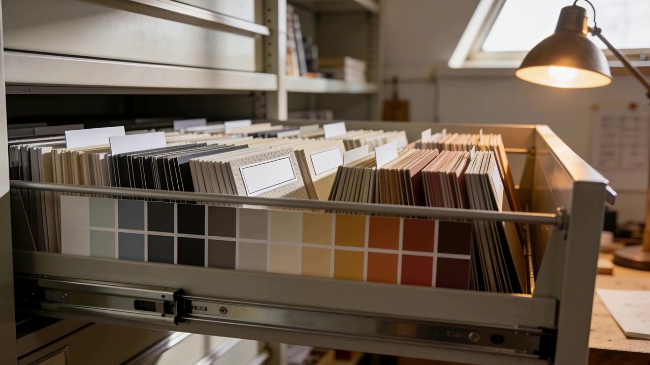 Sliding metal drawer on slide, revealing labeled tabs at studio with skylight for selection