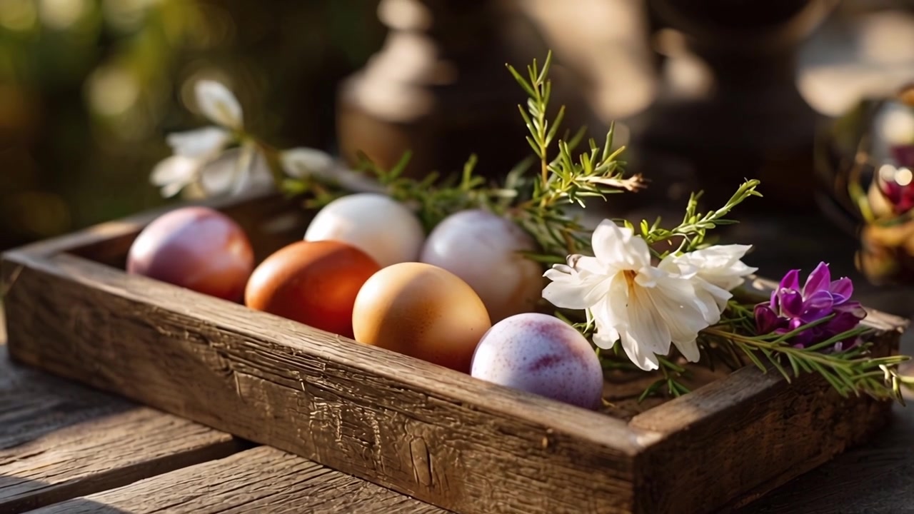Close-up of Natural Colored Eggs in a Rustic Wooden Tray with Flowers