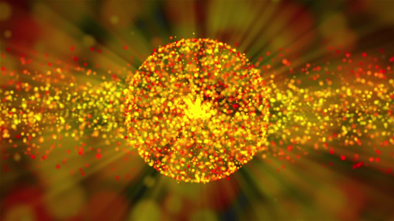 많은 광선을 가진 금의 추상적인 구는 공간에 있습니다, 3d 렌더링 컴퓨터 생성 배경