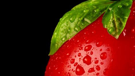 macro view of wet tomato with basil leaves.