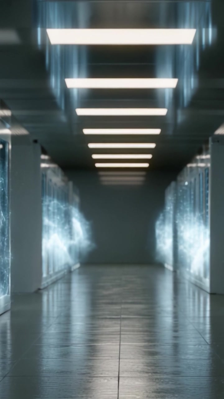 Uno sguardo in un corridoio futuristico con pannelli illuminati e un senso di energia digitale, che mostra un ambiente tecnologicamente avanzato.