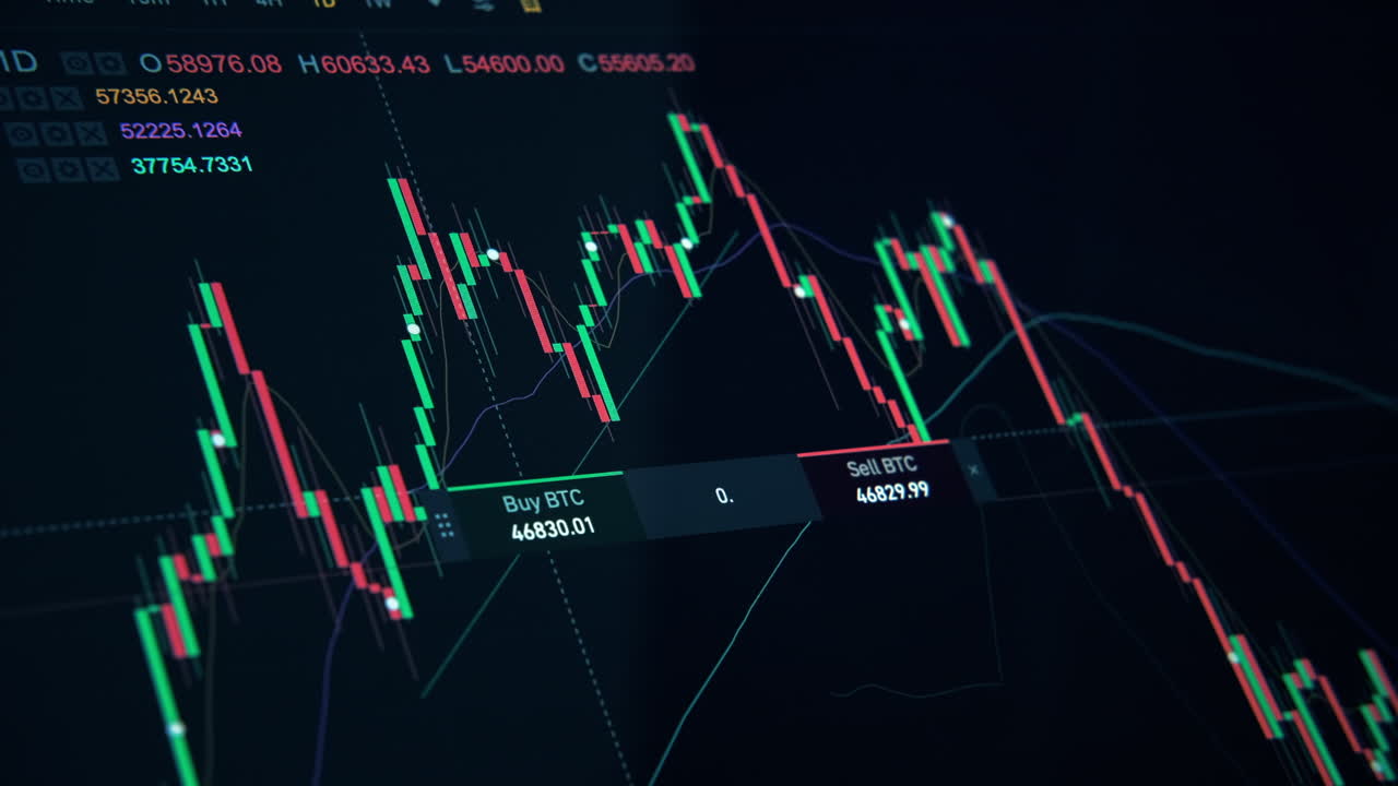 Close view of a screen with Stocks on it. Full Bitcoin info, prices, graphs, history, dynamic changing