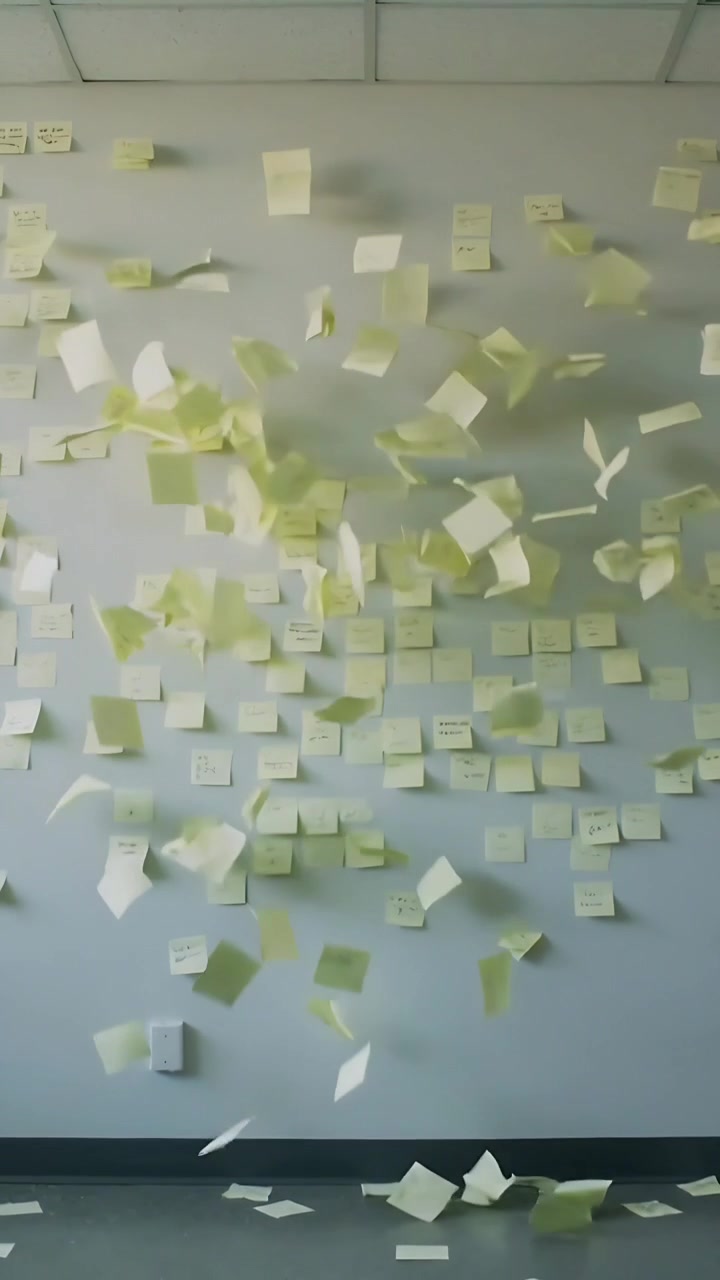 Vertical video: Lifting yellow notes off wall in classroom after strong gust, fluttering and piling