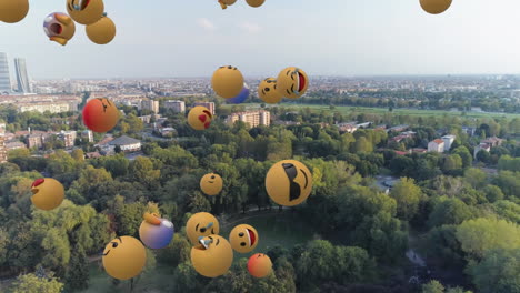 digital composition of multiple face emojis floating against aerial view of cityscape