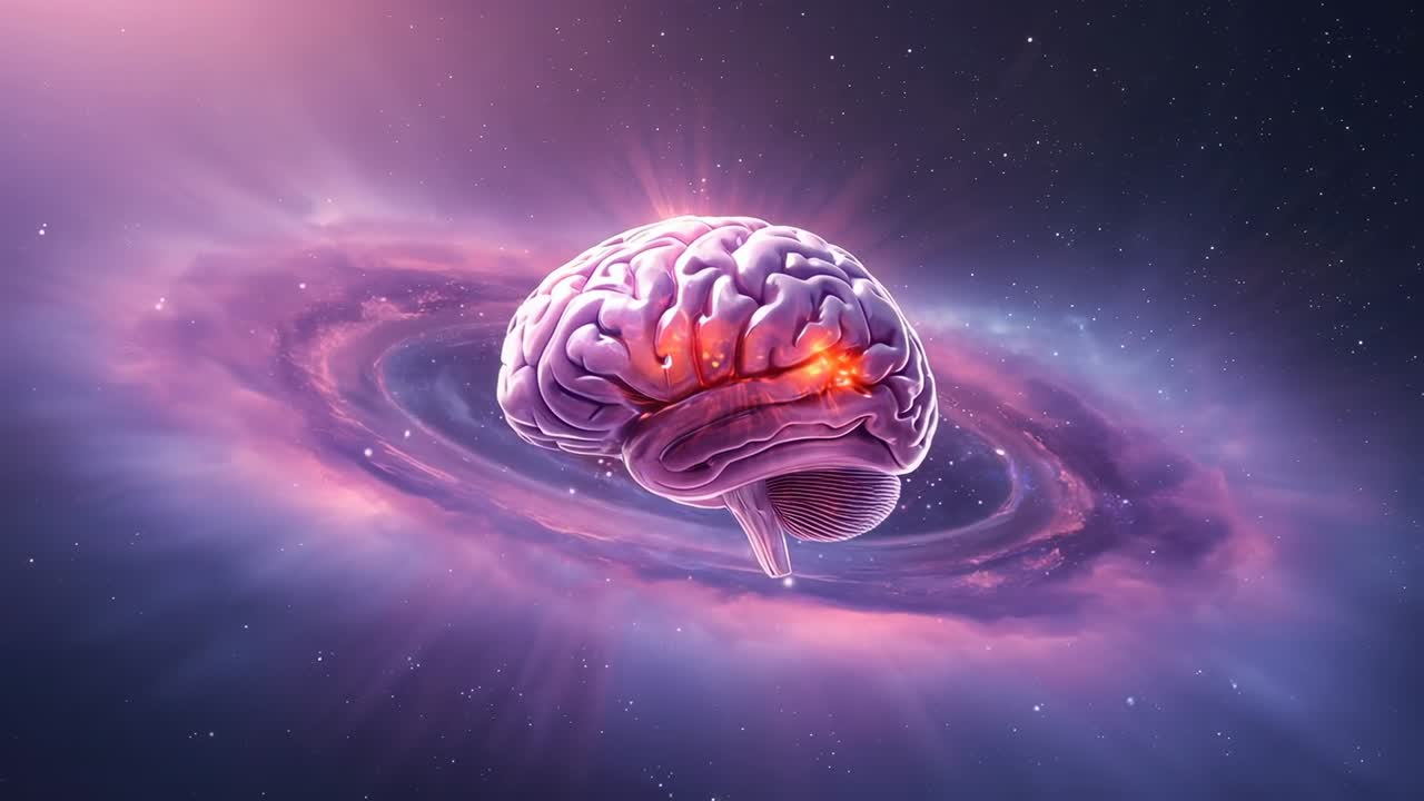 Advancing clear brain moving forward as frames advancing in cosmic nebula increasing orange spots