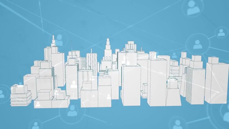 Animazione di una rete di connessioni con icone sopra una città