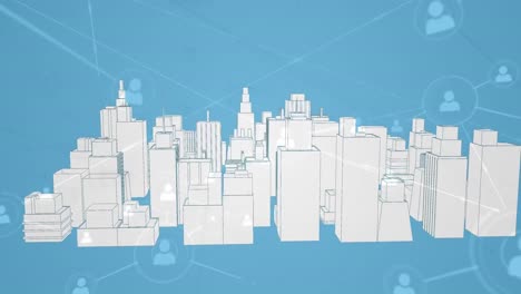 animation of network of connections with icons over city