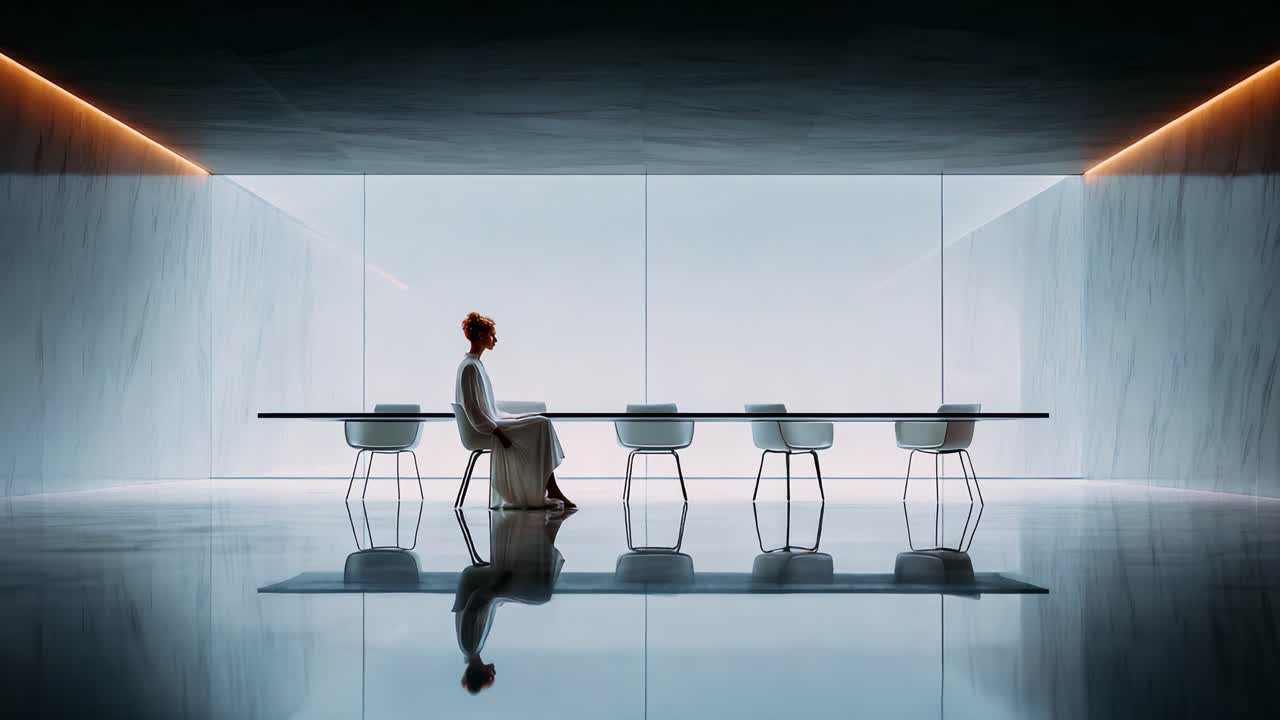 A Solitary Figure in a Modern Conference Room: Reflective Surfaces and Minimalist Design Highlight the Isolation and Contemplation of the Individual in a Spacious Setting