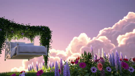 a whimsical floating bed amidst a vibrant flower field under a pastel sky