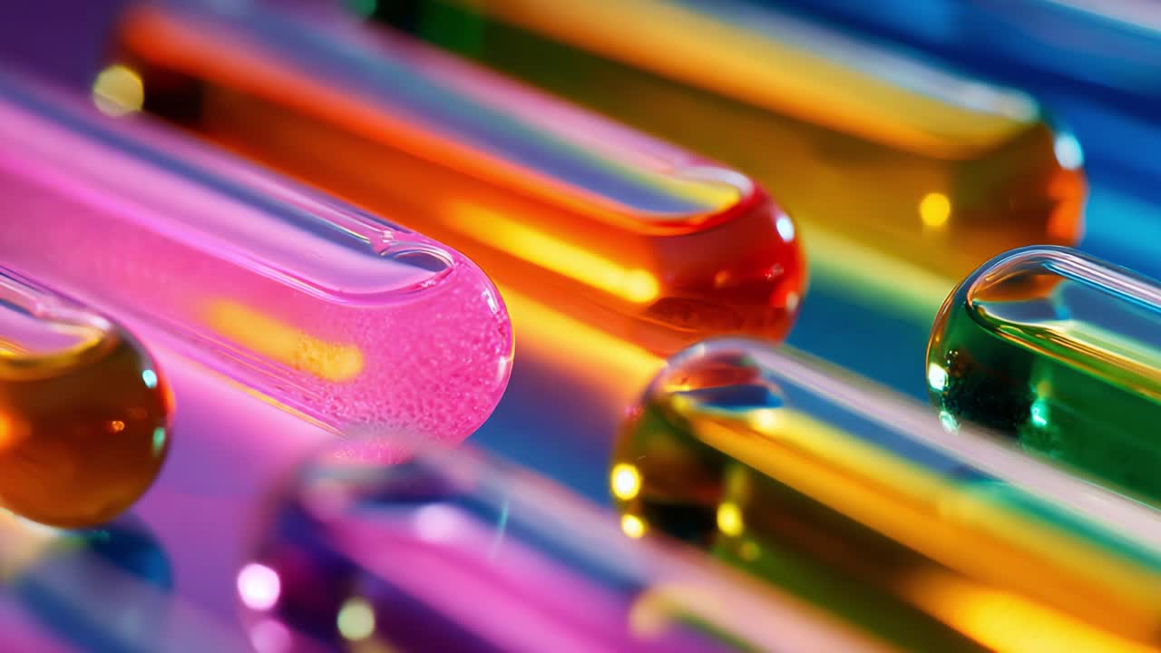 A Vibrant Spectrum of Test Tubes: Captivating Close-Up of Colorful Lab Equipment Showcasing Glassware Filled with Fluids Reflecting a Range of Brilliant Shades and Hues in a Scientific Environment