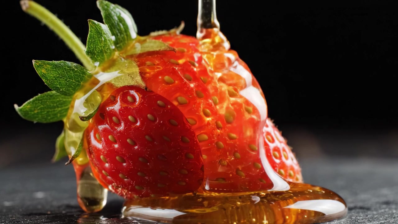 Una fragola fresca irrorata di miele dorato, che cattura i sensi con la sua consistenza succosa e il colore vibrante su uno sfondo scuro, ideale per lo styling alimentare e la fotografia.