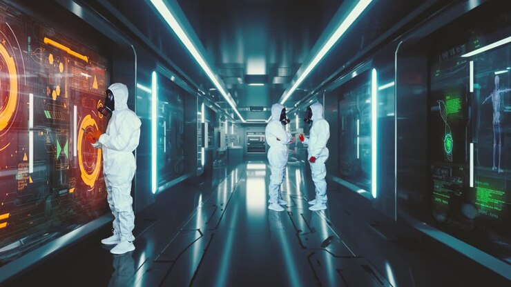 corredor de laboratório futurista com cientistas