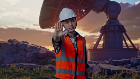 asian male engineer with safety helmet disapproving with no hand sign while standing with large satellite dish