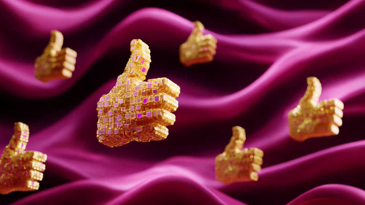 Una rappresentazione affascinante di icone di pollice in su dorate che fluttuano elegantemente su un ricco tessuto magenta ondulato, a simboleggiare apprezzamento, positività e comunicazione digitale in un vivace ambiente 3D.